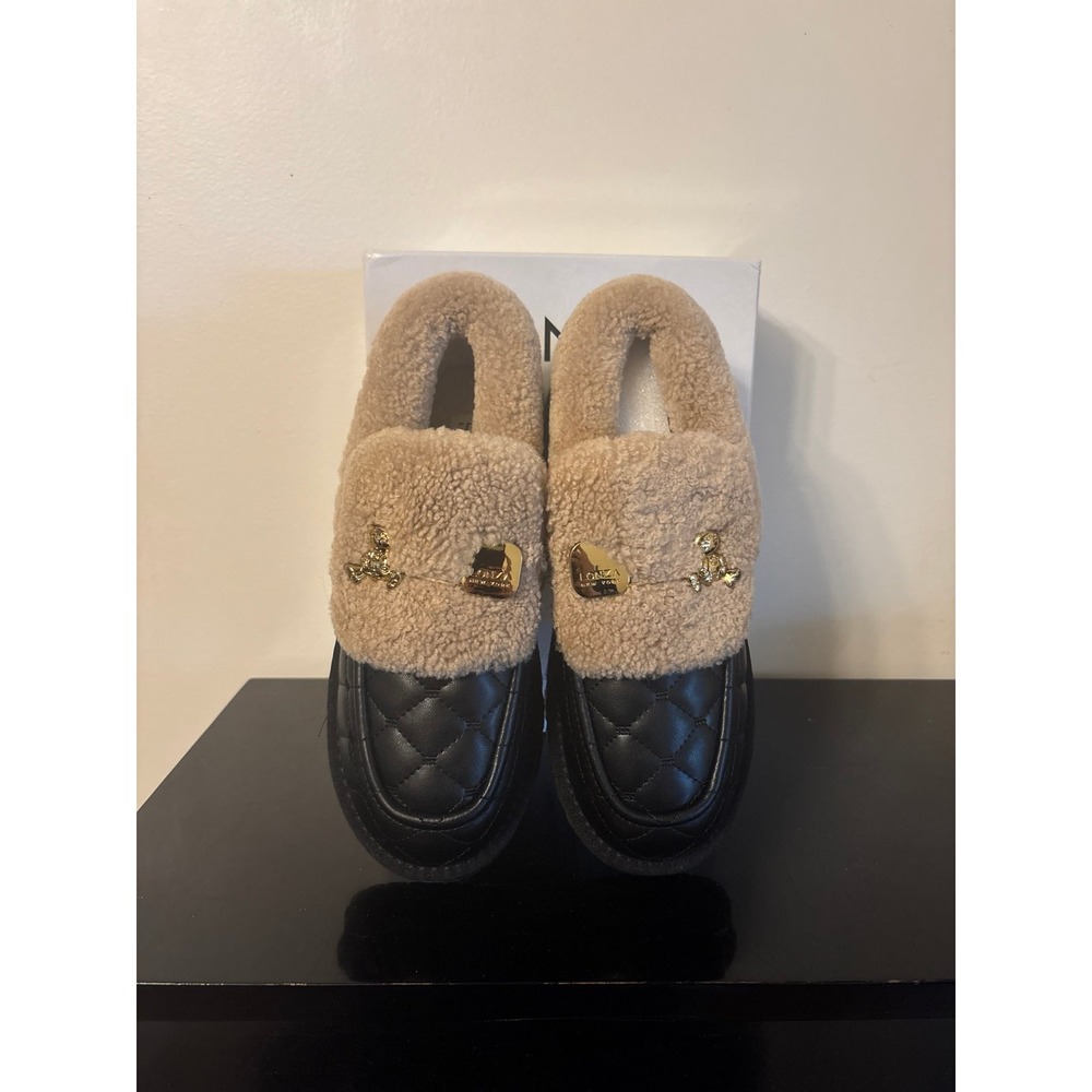 LONZA Black and Tan Quilted Sherpa Loafers